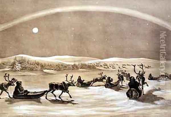A Singular Appearance of the Northern Lights above a Laplander's Herd of Reindeer Crossing the Jerdis Javri Oil Painting - Brooke, Sir Arthur de Capell