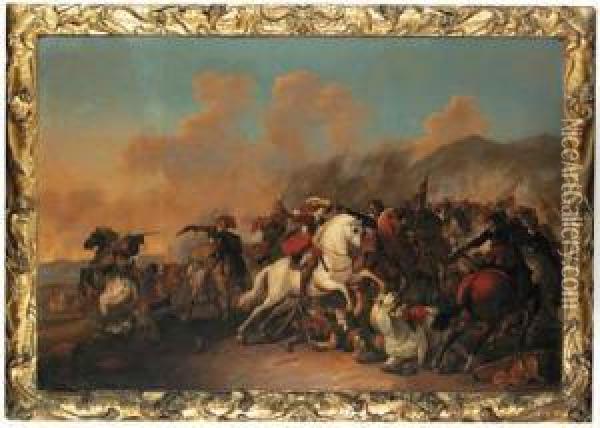A Cavalry Battle In An Extensive Landscape Oil Painting - Hermann Van Lin