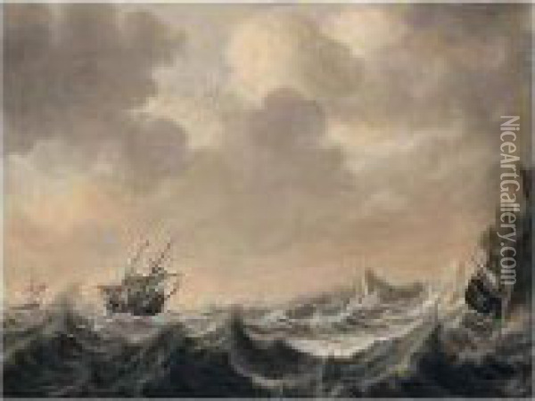 A Seascape With Men-of-war In A Stormy Sea Oil Painting - Simon De Vlieger
