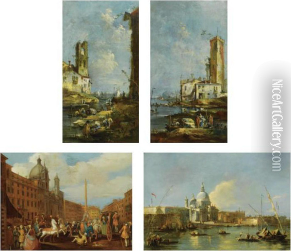 A Pair Of Italianate Harbour 
Scenes, With Small Vessels, And Numerous Figures On The Quays Oil Painting - Francesco Guardi