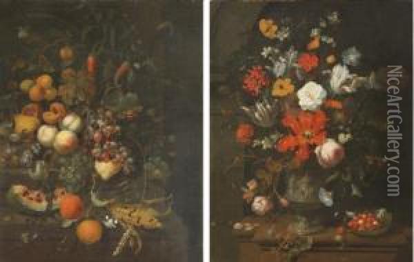 Tulips, Roses, Carnations, 
Lilies And Other Flowers In A Sculpted Vase Depicting Venus And Cupid, 
Strawberries In A Cabage Leaf, Other Berries And A Snail, All On A Stone
 Ledge; And Oranges, A Watermelon, Plums, Peaches, A Pear, A 
Pomegranate, Pep Oil Painting - Jan Mortel