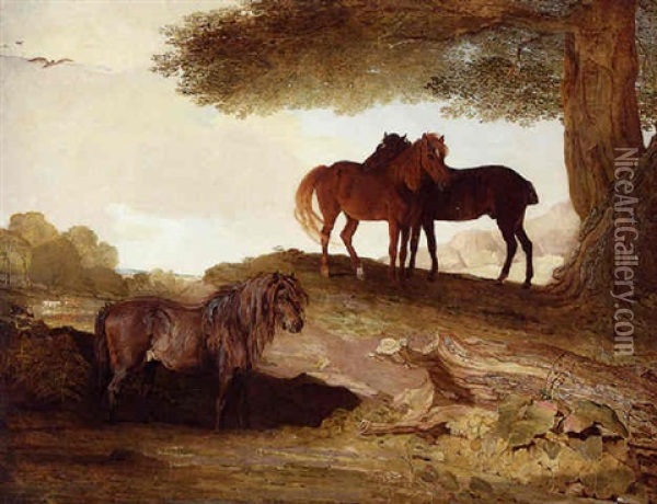 Ponies - A Shetland Pony, And Two Welsh Ponies Beneath A Tree, In A Landscape Oil Painting - Benjamin Marshall