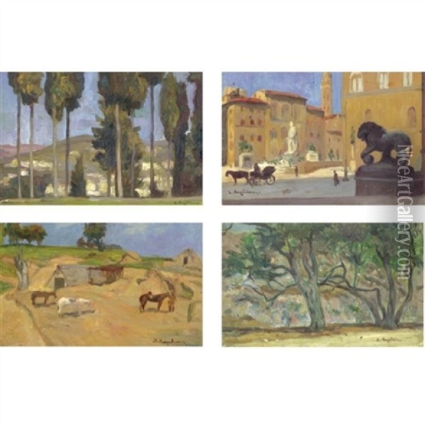 Cypress Trees, Italian Street Scene, Farm Scene, Trees (set Of 4) Oil Painting - Lykourgos Kogevinas