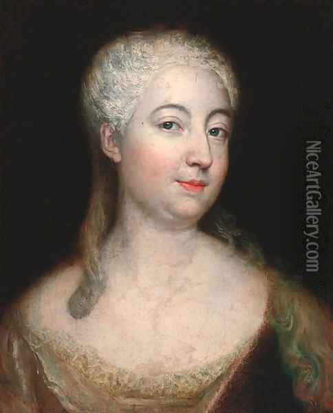 Portrait of a lady, bust-length, in a red dress with lace trim Oil Painting - Antoine Pesne