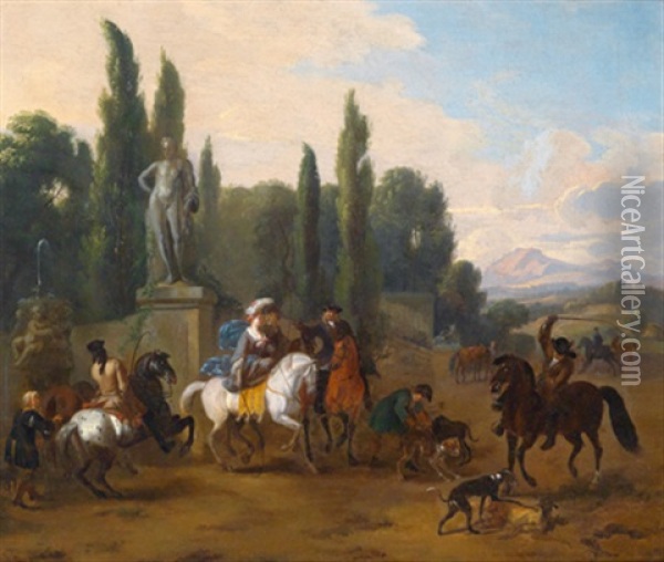 Eine Jagdgesellschaft Vor Einem Brunnen Oil Painting - Jan van Huchtenburg