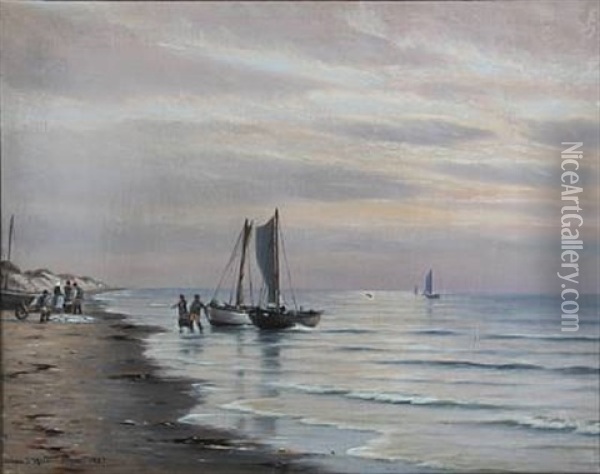 Coastal Scene With Fishermen At The Water's Edge Oil Painting - Johan Jens Neumann