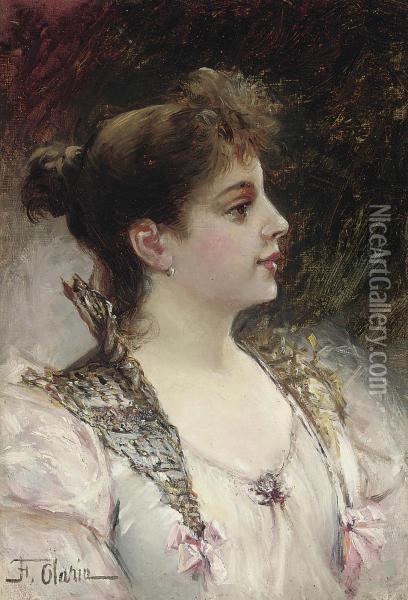 Portrait Of A Lady, Bust-length, In White And Pink Dress Oil Painting - Federico Olaria