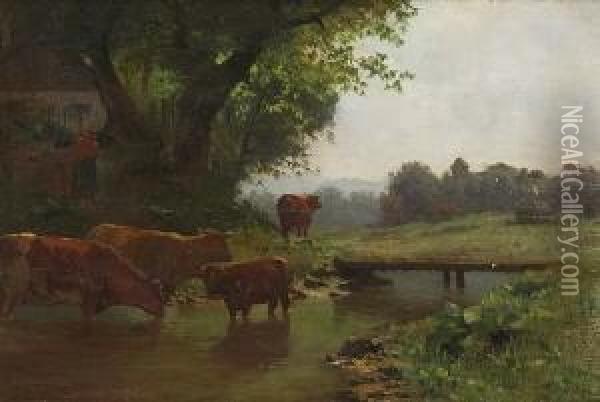Kuhe Am Wasser. Oil Painting - Hermann Baisch