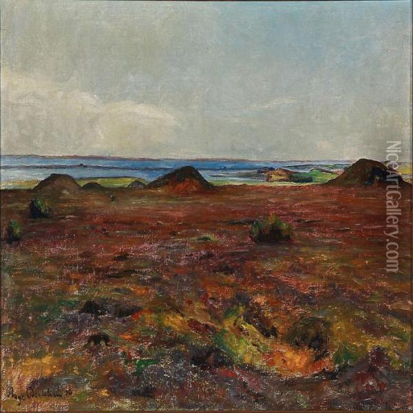 Heather Landscape With A View To A Coast Oil Painting - Aage Bertelsen