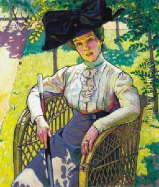 Lady Wearing A Hat In A Sunlit Garden Oil Painting - Ervin Plany