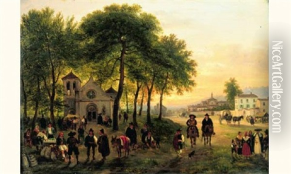 Reunion De Villageois Sur La Place De L'eglise Oil Painting - Giuseppe Canella I