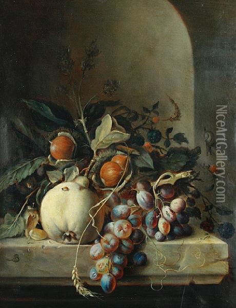Chestnuts, A Pear, Grapes And Blackberries Ona Stone Ledge Before A Niche Oil Painting - Arnoldus Bloemers