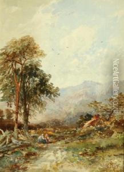 Figures In A Rural Landscape Oil Painting - Albert Pollitt