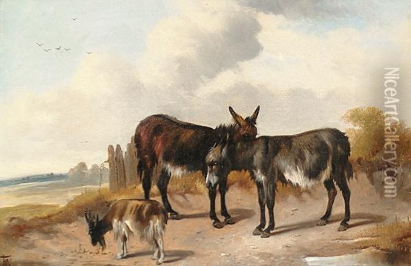 Donkeys And A Goat In A Landscape Oil Painting - Thomas Woodward