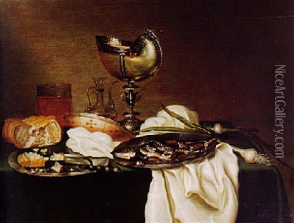 A Breakfast Still Life Of A Fish On A Pewter Dish And Other Objects Oil Painting - Maerten Boelema De Stomme