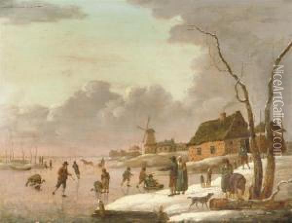 A Winter Landscape With Skaters 
On A Frozen River And Townsfolk On The Banks, A Windmill Beyond Oil Painting - Hendrick Willelm Schweickhardt