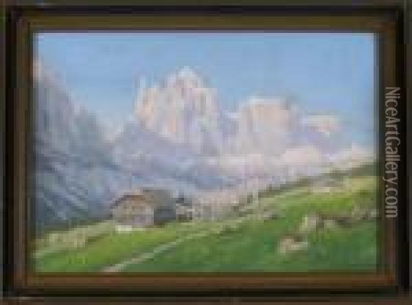 Sonniger Tag In Den Dolomiten - Blick Uber Einige Bergbauernhofe Auf Eine Berggruppe Oil Painting - Rudolf Reschreiter
