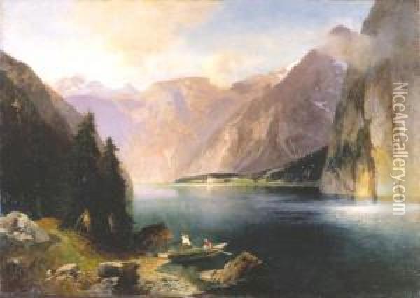 Nad Konigssee, Ok. 1880 Oil Painting - Heinrich (Heinz) Hiller