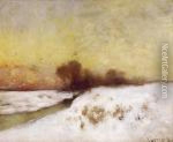 Winter Landscape In Twilight Oil Painting - Bela Von Spanyi