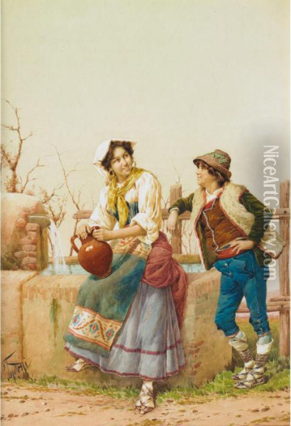 Young Couple At A Fence Oil Painting - Filippo Indoni