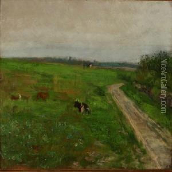 Grazing Cattle At A Sunken Road, 
Summer Oil Painting - Sophie Petersen