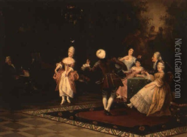Parlor Scene With Ladies And Gentleman Dancing And Gossiping Oil Painting - Leopold Schmutzler