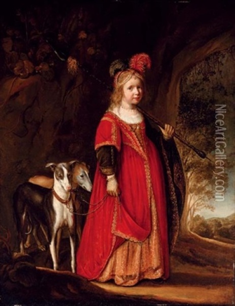 Portrait Of A Young Girl As Diana, In A Glade With Two Greyhounds Oil Painting - Govaert Flinck