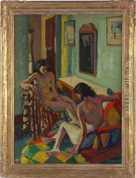 Women In An Interior Oil Painting - Robert Bartholow Harshe