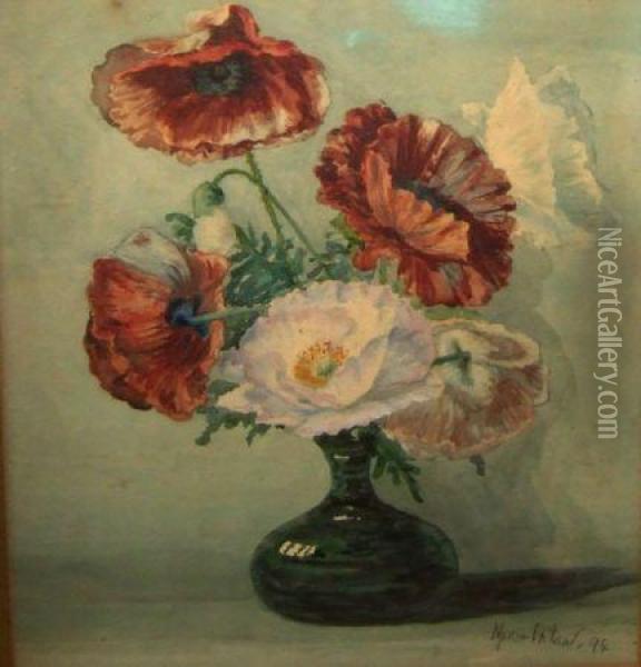Still Life Study Ofmixed Poppies In A Green Glass Oil Painting - Maria Hampshire Eaton