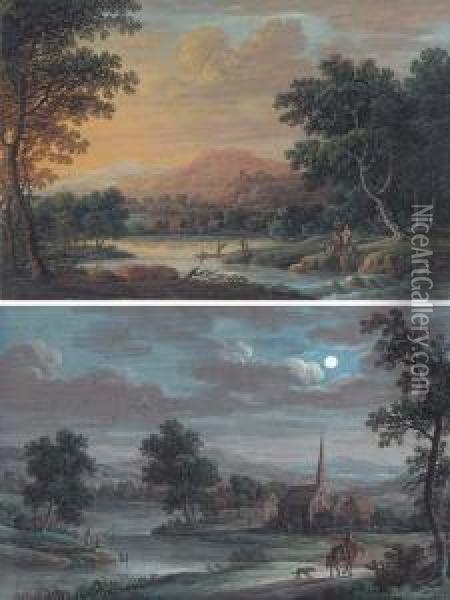 A River Landscape At Sunset With
 Anglers On The Riverbank; And Ariver Landscape By Night With A 
Traveller On A Track, Anglers And Achurch Beyond Oil Painting - Louis Nicolael van Blarenberghe