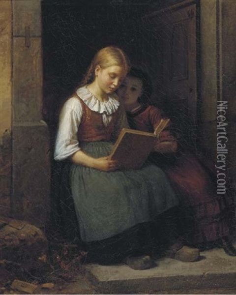 Reading On The Doorstep Oil Painting - Karl Friedrich Boser
