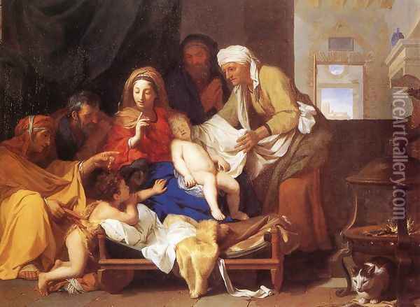 Holy Family with the Adoration of the Child 1655 Oil Painting - Charles Le Brun