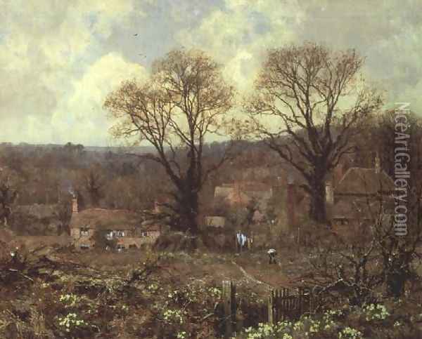 Early Spring in a Surrey Village Oil Painting - Edward Wilkins Waite