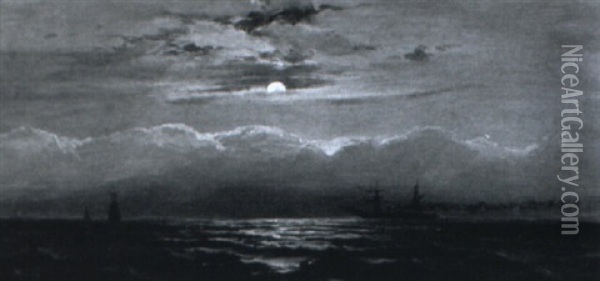 Ships In Moonlight Oil Painting - James Hamilton
