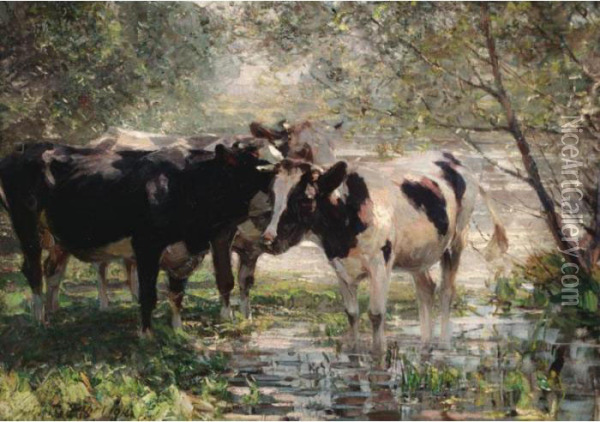 Drei Kuhe Am Bach (three Cows By A River) Oil Painting - Heinrich Johann Von Zugel