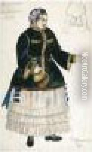 Costume Design For Grusha In Fur-trimmed Coat Oil Painting - Boris Kustodiev