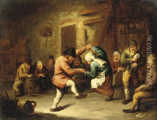 Boors Dancing In An Inn Oil Painting - Gerrit Lundens
