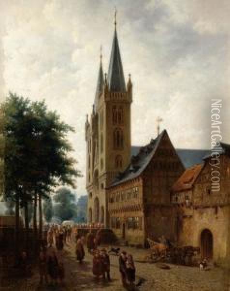 Many Figures In Front Of The Cathedral In Halbertstadt Oil Painting - Jan Striening