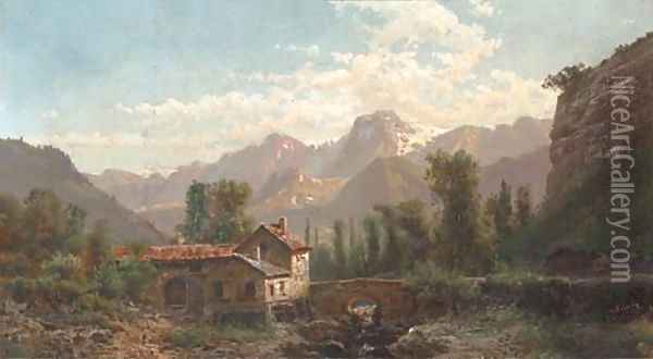 At a bridge in a mountainous landscape Oil Painting - Alfred Godchaux