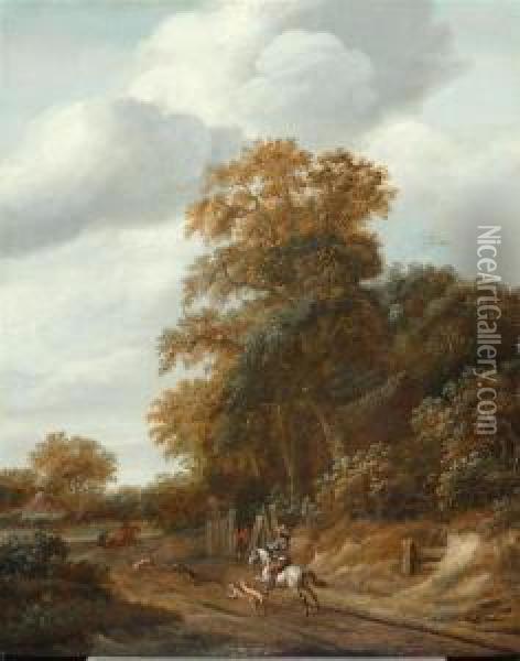 Wooden Landscape In Haarlem With Rider On A White Horse And His Dogs. Oil Painting - Cornelius Decker