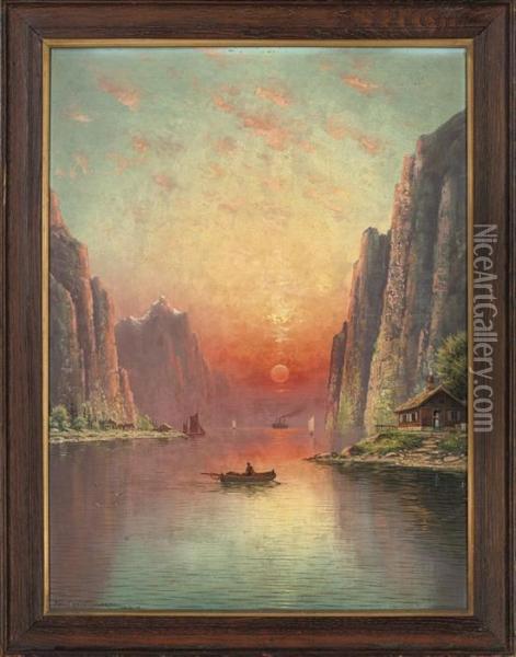 A Fjord At Sunset; And A Moonlit Fjord Oil Painting - Nils Hans Christiansen