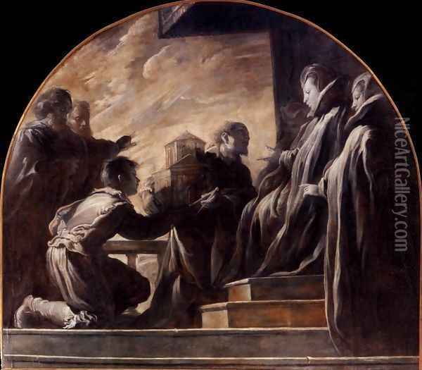 Margherita Gonzaga Receiving the Model of the Church of St Ursula Oil Painting - Domenico Feti