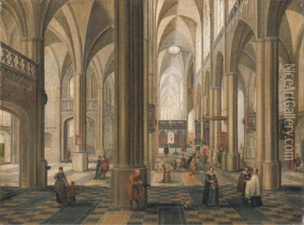 The Interior Of A Cathedral With Elegant Company, A Service In Progress In A Side Altar Oil Painting - Peeter Neeffs the Elder