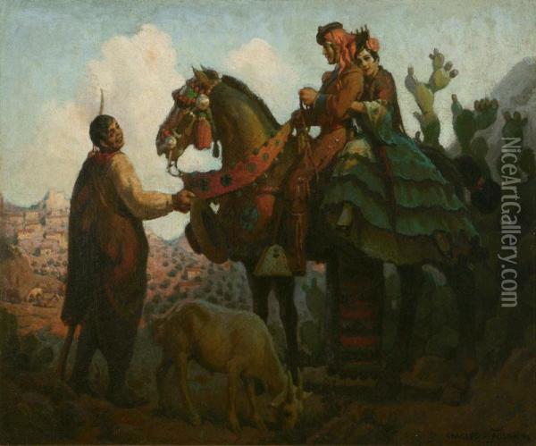 Mexican Figures In A Desert Landscape Oil Painting - Charles Percy Austin
