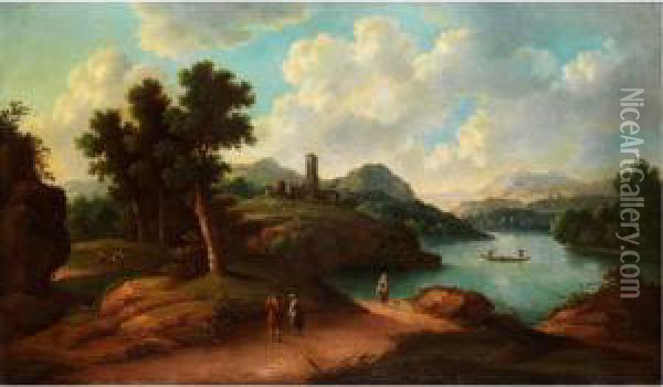 Italienische Landschaft Mit Tieferliegendem See, Felsigen Ufern Und Gebauden Mit Campanile Oil Painting - Johann Christoph Von Bemmel