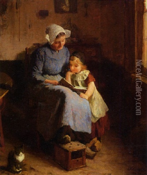Moeder, Haar Kind Voorlezend Oil Painting - Ferdinand Oldewelt