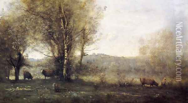 Pond with Three Cows Oil Painting - Jean-Baptiste-Camille Corot