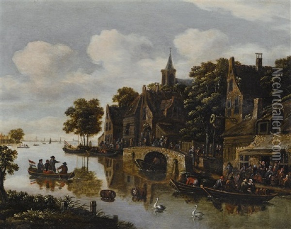 A River Landscape With A Village In The Foreground And Figures Drinking Outside An Inn Oil Painting - E. Ruytenbach