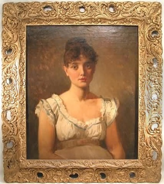 Portrait Of A Young Woman With Upswept Brown Hair And White Decollete With Blue Ribbon Trim Oil Painting - James Wells Champney