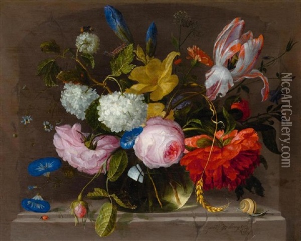 Still Life Of Flowers In A Vase On A Stone Plinth With Insects Oil Painting - Jacob van Walscapelle